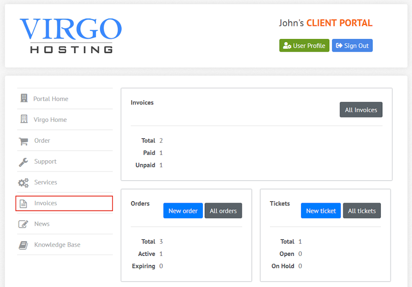 Virgo Hosting Client Portal Invoices Interface Location