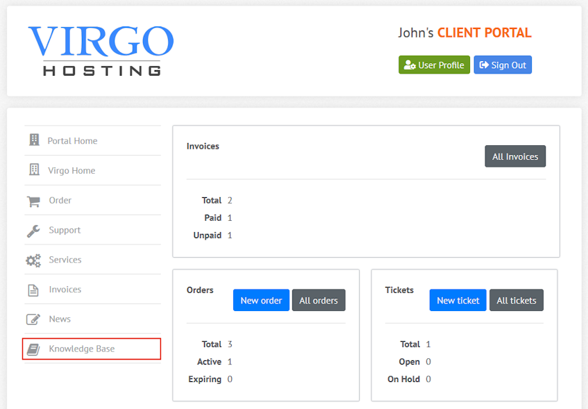 Virgo Hosting Client Portal Knowledge Base Interface Location