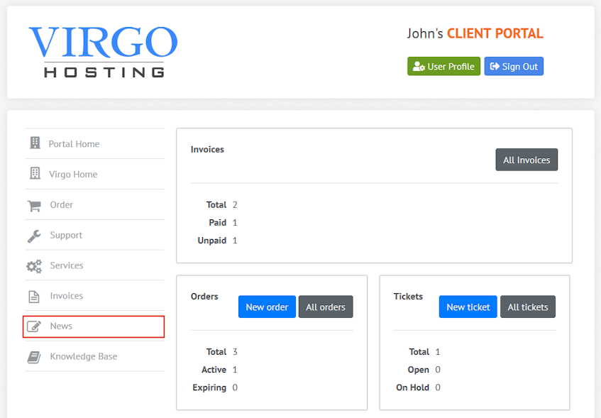 Virgo Hosting Client Portal News Interface Location
