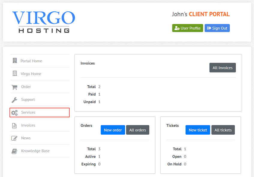 Virgo Hosting Client Portal Services Interface Location