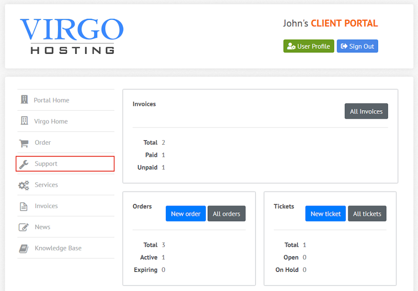 Virgo Hosting Client Portal Support Interface Location