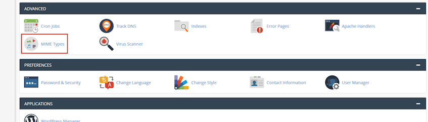 cPanel MIME Types Location