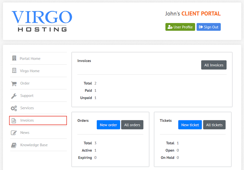 Virgo Hosting Client Portal Invoices Interface Location Virgo Hosting Client Portal Invoices Interface Location