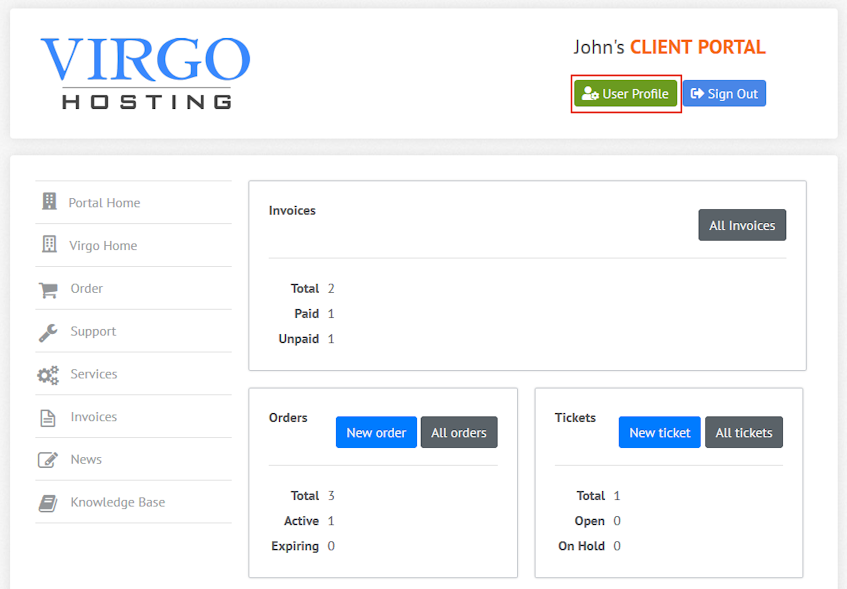 Virgo Hosting Client Portal User Profile Interface Location Virgo Hosting Client Portal User Profile Interface Location
